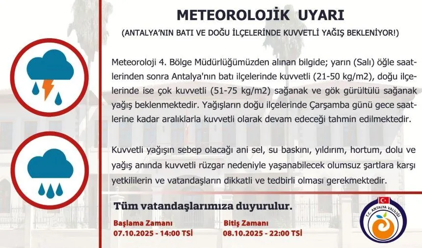 Antalya'ya Sarı Kodlu Uyarı