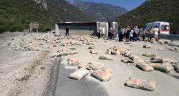 Çimento yüklü TIR devrildi, yol trafiğe kapandı