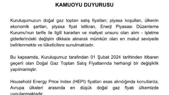 BOTAŞ: Şubatta doğal gaz fiyatlarında değişik yapılmadı