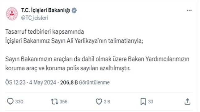 Bakan Yerlikaya’dan araç tasarrufu