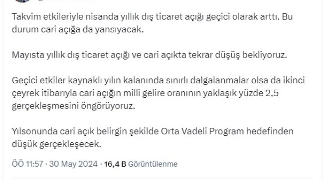 Bakan Şimşek: Mayısta cari açıkta tekrar düşüş bekliyoruz