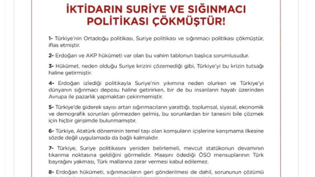 CHP: Türkiye’nin Suriye politikası ve sığınmacı politikası çökmüştür