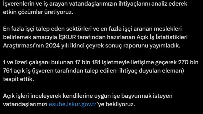 Bakan Işıkhan: Açıkta 270 bin 761 iş tespit ettik